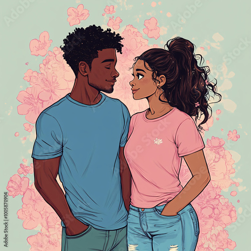 romantic couple in love surrounded by pink flowers - illustration