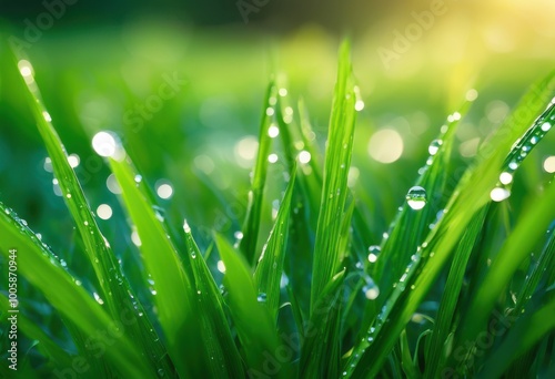 macro shot vibrant green grass blades glistening dewdrops morning light, nature, moisture, plant, texture, detail, leaves, garden, sunlight, scenery, growth