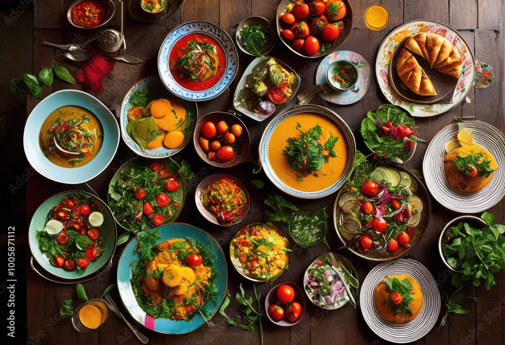 vibrant dishes showcasing spectrum colors textures from diverse culinary traditions world, appetizer, cuisine, ingredient, vegetable, spice, herb, meat vibrant dishes showcasing spectrum colors textures from diverse culinary traditions world, appetizer, cuisine, ingredient, vegetable, spice, herb, meat