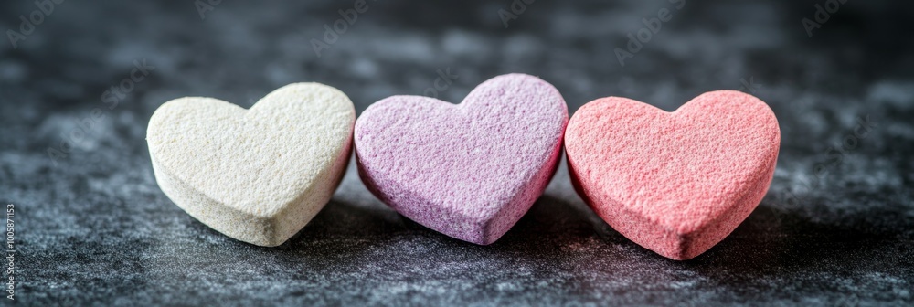 Obraz premium Three Colorful Valentines Day Candy Hearts on Dark Background, Love and Romance Concept