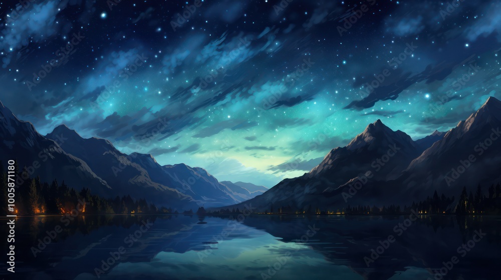 watercolor art stunning night sky view with bright stars and a calm lake below. watercolor art stunning night sky view with bright stars and a calm lake below.