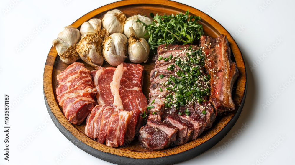 A plate of raw meat, including beef, pork, ribs, and filet,  garnished with garlic and herbs, sits on a wooden board against a white background.