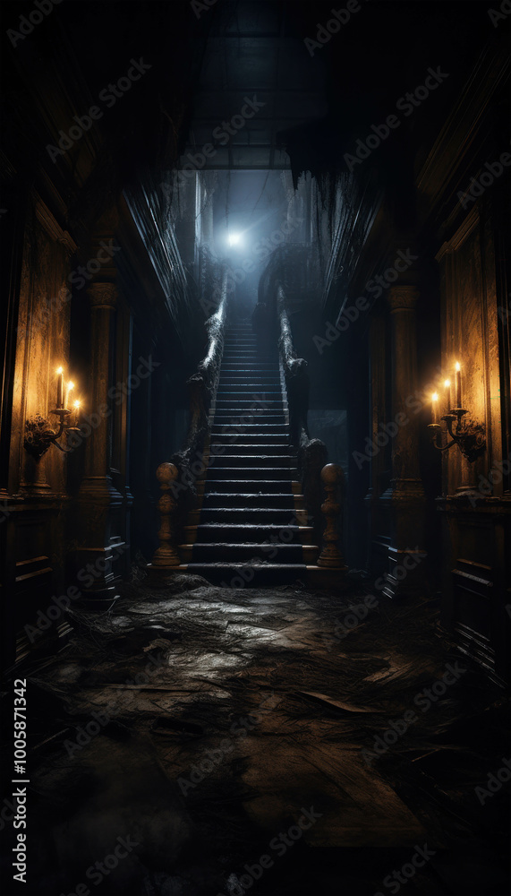 Fototapeta premium Dimly Lit Hallway in an Abandoned Mansion