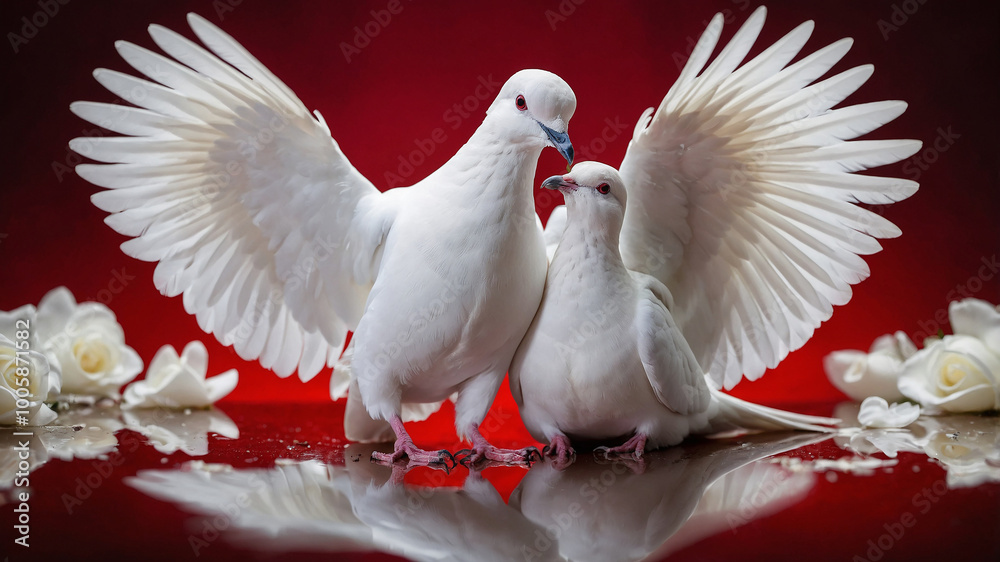 Obraz premium Two white doves touching beaks amidst scattered red heart shapes on a rocky surface.