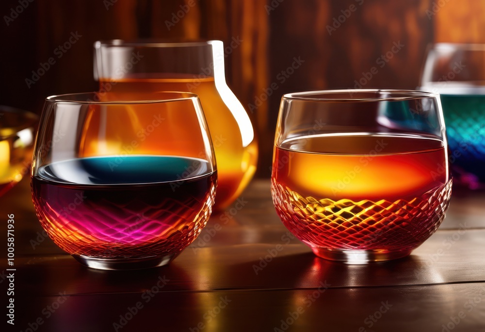 stunning close shots capturing vibrant gradients textured surfaces colorful glassware different lighting, blue, green, yellow, orange, purple, pink, shine