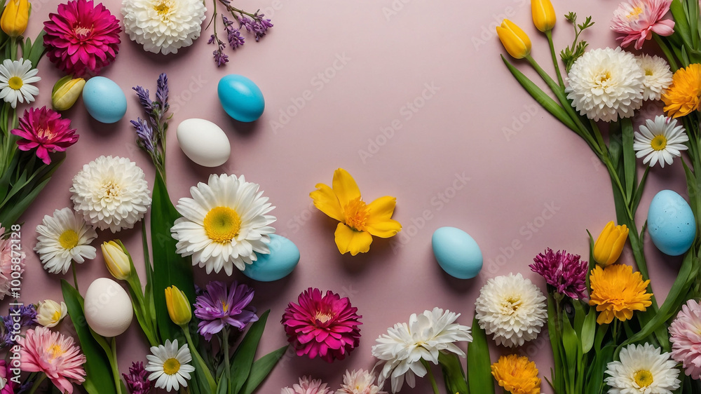 Fototapeta premium Colorful Easter eggs with flowers on pastel background suitable for springtime and seasonal pictures.