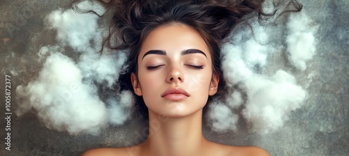 Portrait of a Young Woman Lying on Her Back, Surrounded by Fluffy White Clouds, Dreamy Atmosphere
