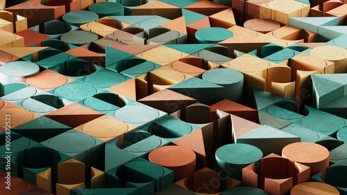 3D background rendering. Wooden blocks of simple geometric shapes create a pattern