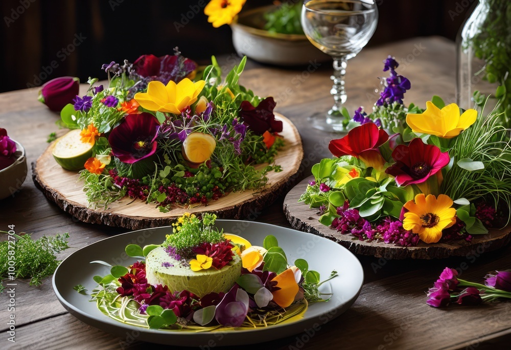 vibrant colorful plant based meal arrangements creatively displayed rustic wooden table appealing culinary visuals, botanic, bowl, cuisine, decor, edible vibrant colorful plant based meal arrangements creatively displayed rustic wooden table appealing culinary visuals, botanic, bowl, cuisine, decor, edible