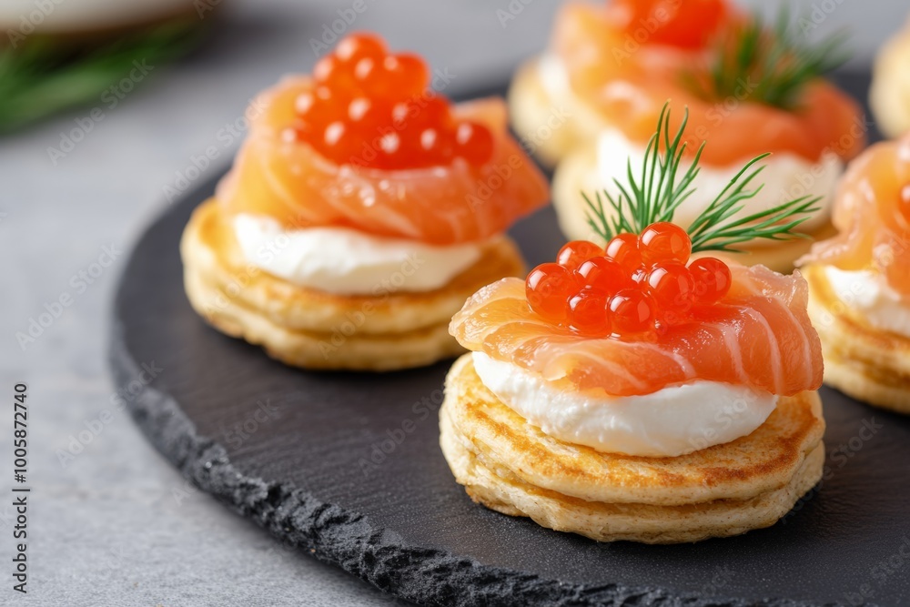Elegant canapes with smoked salmon, cream cheese, red caviar, and dill on mini pancakes. Elegant canapes with smoked salmon, cream cheese, red caviar, and dill on mini pancakes.
