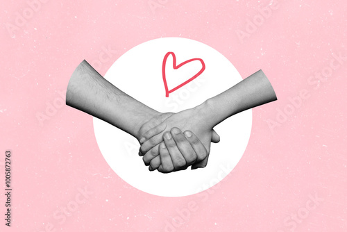 Composite photo collage of hands shake heart love couple date valentine day appoinment greeting sympathy isolated on painted background photo