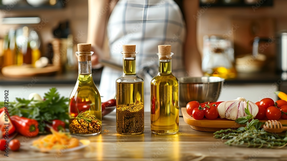 A woman is cooking in a kitchen with three bottles of olive oil on the counter A woman is cooking in a kitchen with three bottles of olive oil on the counter