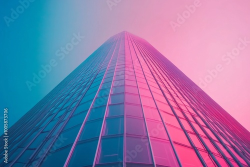 Futuristic Skyscraper with Gradient Pink and Blue Lighting Reaching into the Sky