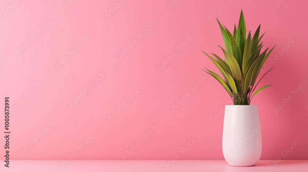 Minimalistic Vase Mockup with Green Plant on Pink Background Minimalistic Vase Mockup with Green Plant on Pink Background