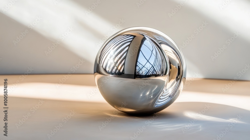 A reflective metallic sphere on a soft surface, showcasing natural light and subtle shadows, perfect for modern design themes. A reflective metallic sphere on a soft surface, showcasing natural light and subtle shadows, perfect for modern design themes.