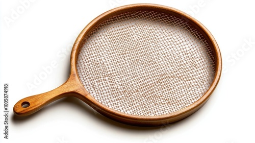 A rustic wooden sifter with a fine mesh screen, perfect for baking and cooking tasks in the kitchen.