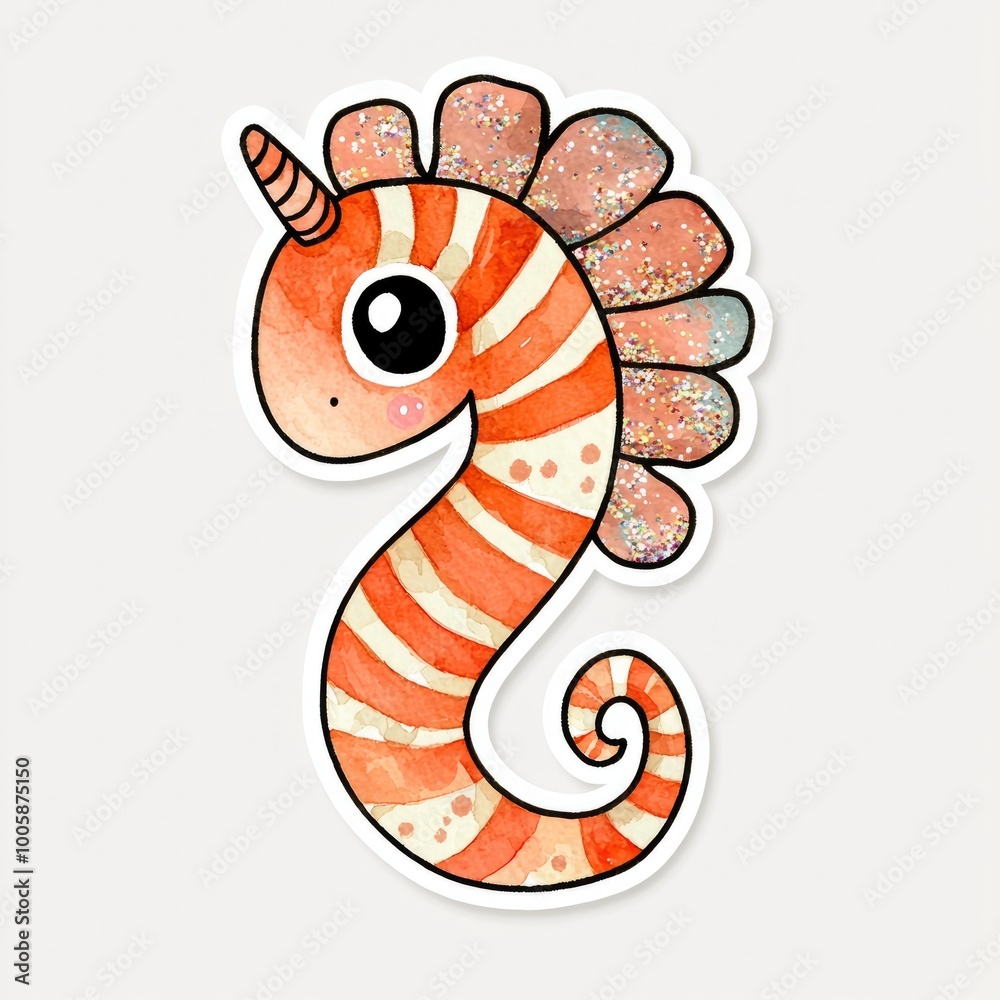 Cute Cartoon Sea Horse with Glitter Fin Illustration Cute Cartoon Sea Horse with Glitter Fin Illustration