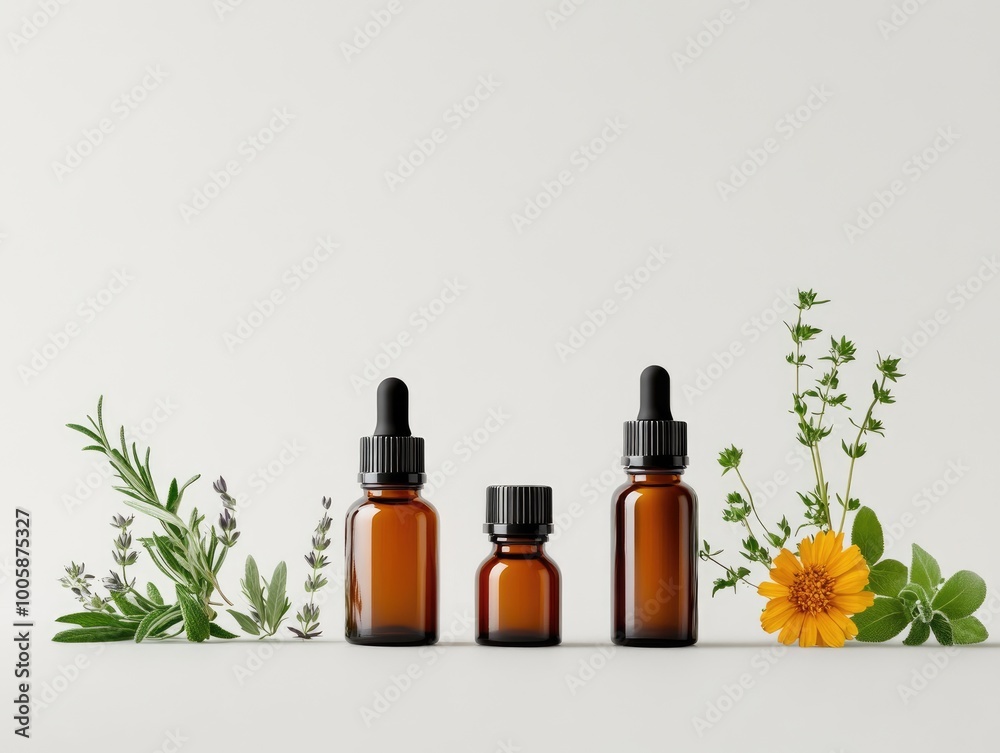 A serene arrangement of amber dropper bottles surrounded by fresh herbs and flowers, perfect for wellness and natural beauty themes. A serene arrangement of amber dropper bottles surrounded by fresh herbs and flowers, perfect for wellness and natural beauty themes.