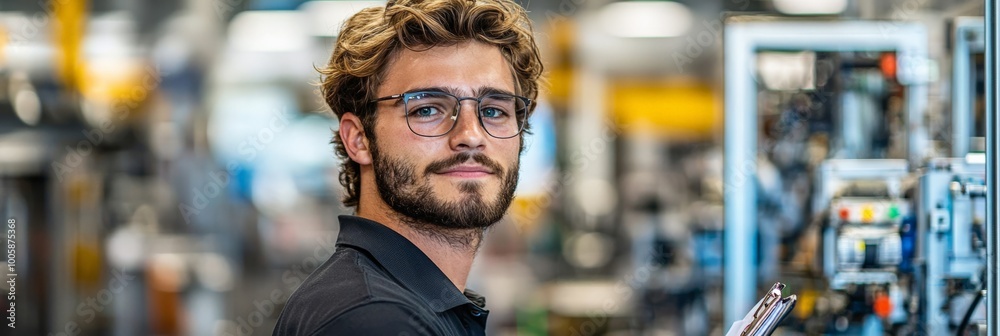 Portrait of a factory manager overseeing daily operations, holding a clipboard, confidently managing factory workflow Portrait of a factory manager overseeing daily operations, holding a clipboard, confidently managing factory workflow