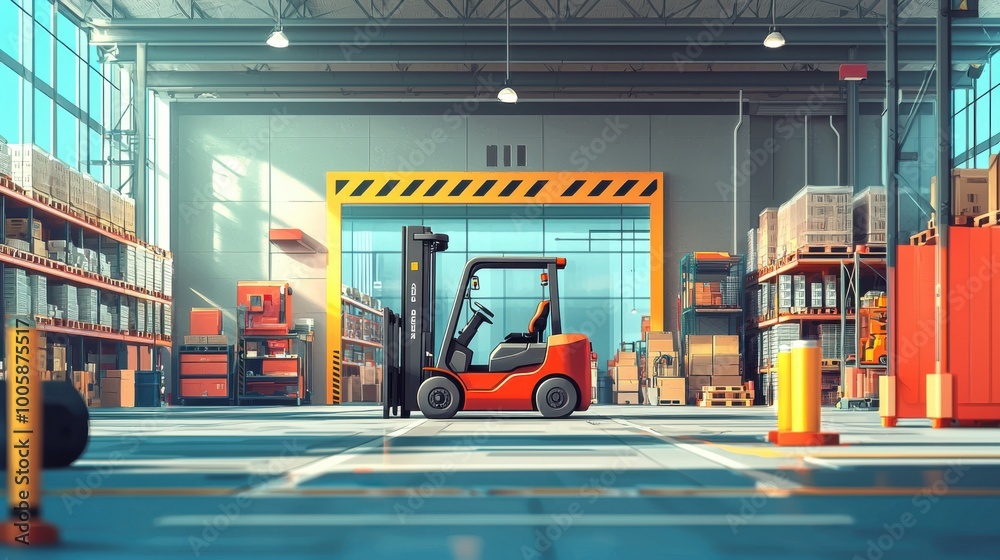 Fototapeta premium Retail warehouse automation, autonomous forklifts, seamless layout, flat design illustration