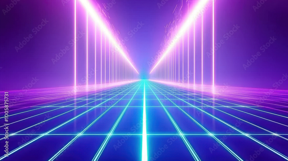 vibrant neon landscape featuring glowing lines and futuristic grid creates mesmerizing visual experience. interplay of purple and blue lights evokes sense of depth and wonder vibrant neon landscape featuring glowing lines and futuristic grid creates mesmerizing visual experience. interplay of purple and blue lights evokes sense of depth and wonder