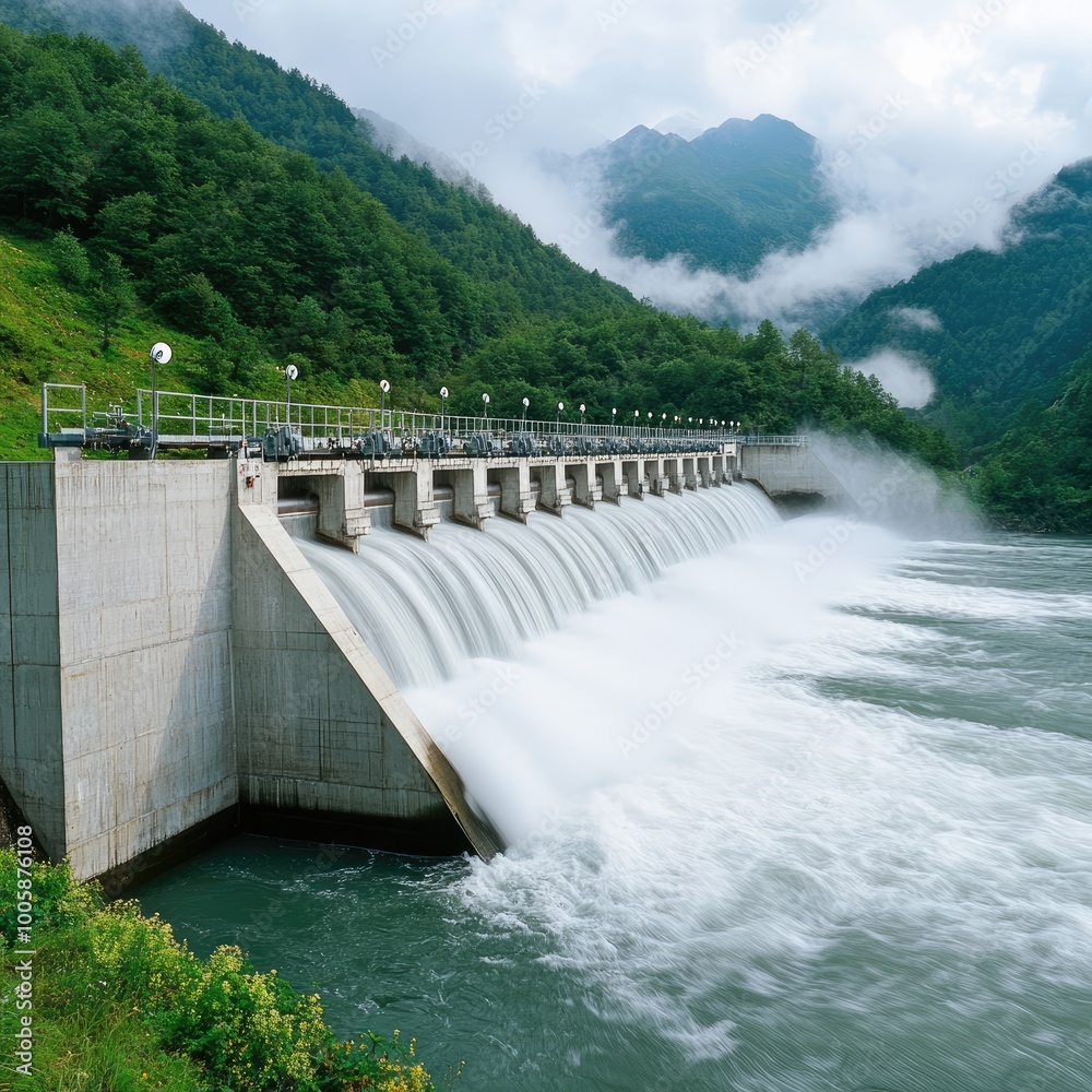 A serene landscape featuring a modern dam releasing water into a river, surrounded by lush greenery and misty mountains. A serene landscape featuring a modern dam releasing water into a river, surrounded by lush greenery and misty mountains.