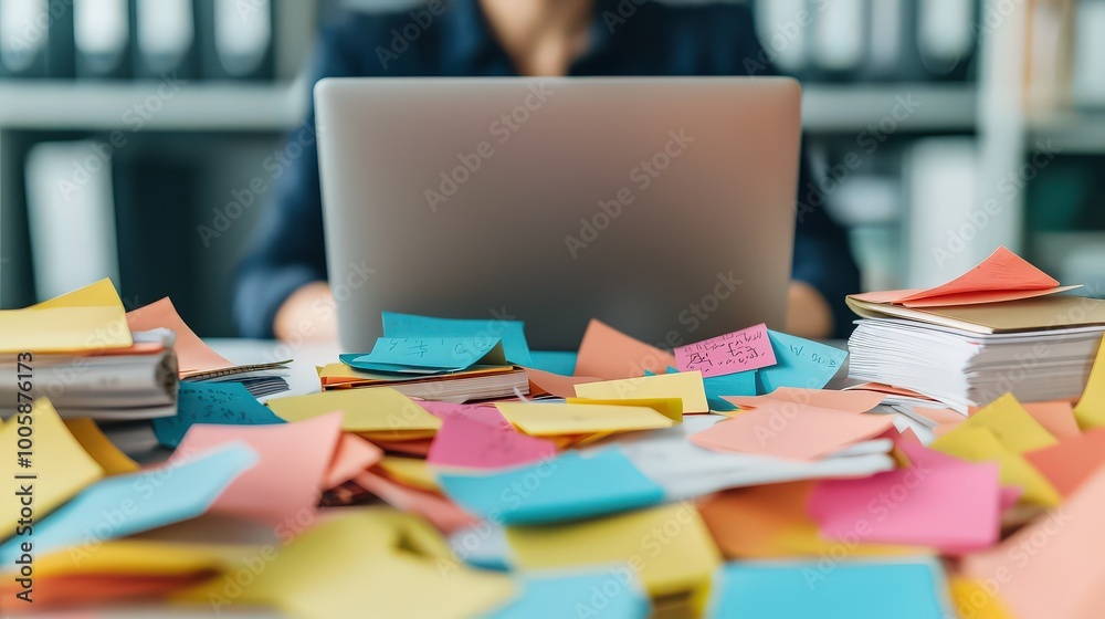 Busy office desk with colorful sticky notes and a laptop, highlighting productivity and organization in a workspace. Busy office desk with colorful sticky notes and a laptop, highlighting productivity and organization in a workspace.