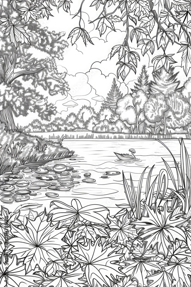 Fototapeta premium Coloring book illustration of a serene autumn landscape featuring a tranquil pond surrounded by colorful foliage Scenic park in fall showcasing picturesque trees and a peaceful lake