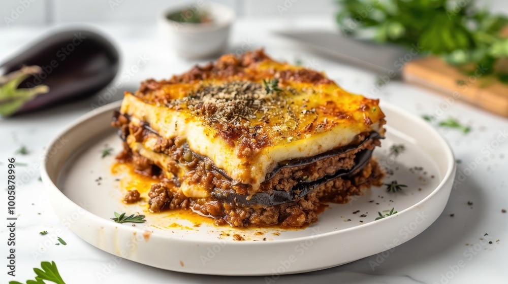 Classic moussaka with eggplant meat bchamel sauce and crispy golden crust Classic moussaka with eggplant meat bchamel sauce and crispy golden crust