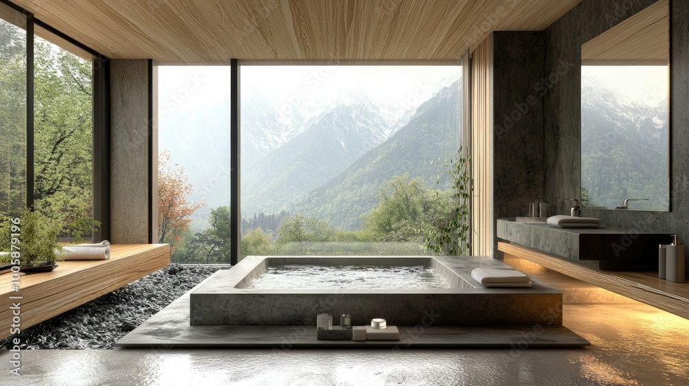 Elegant bathroom 3D render with a central tub, panoramic windows, and a blend of raw concrete and wood materials. Elegant bathroom 3D render with a central tub, panoramic windows, and a blend of raw concrete and wood materials.