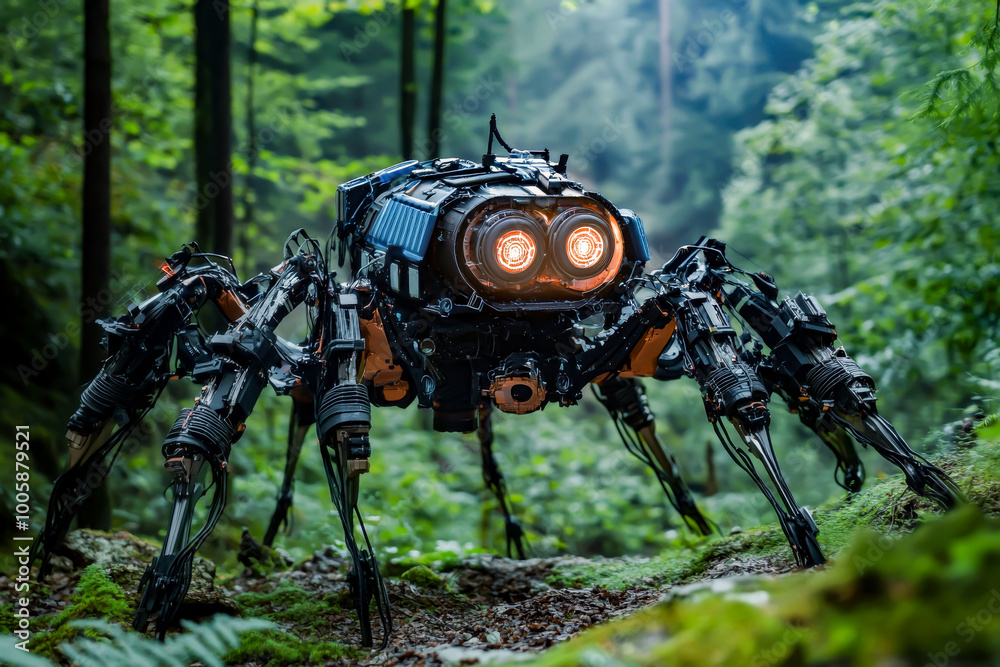 A robot spider is walking through a forest. The robot is made of metal and has two glowing eyes. The robot is designed to look like a spider, but it is not a real spider A robot spider is walking through a forest. The robot is made of metal and has two glowing eyes. The robot is designed to look like a spider, but it is not a real spider