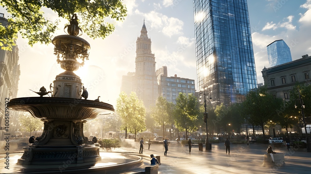 Fototapeta premium Ornate Historic Fountain Juxtaposed with Modern Glass High Rise in Vibrant City Square Warm Afternoon Sunlight Illuminates the Contrasting Architectural Styles in this Scene
