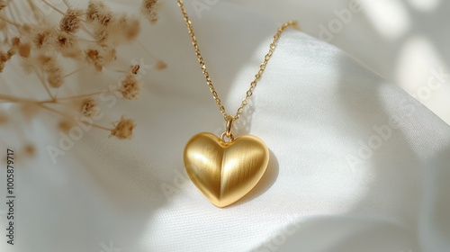 Elegant gold heart pendant with a delicate chain, displayed softly against a white backdrop