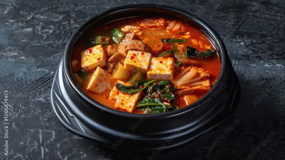Korean kimchi stew with tofu vegetables pork in a bubbling spicy broth Korean kimchi stew with tofu vegetables pork in a bubbling spicy broth