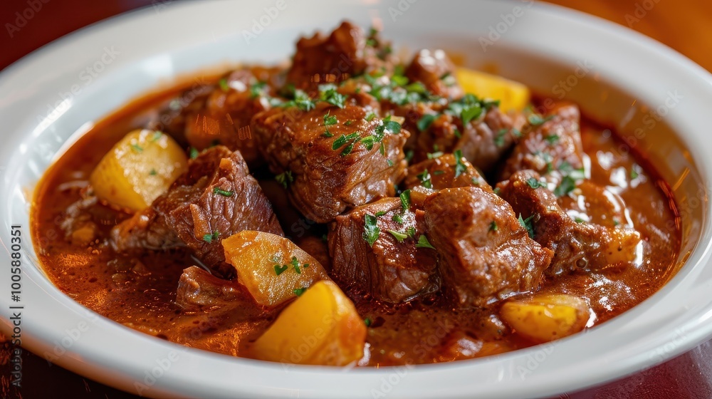 Traditional Hungarian goulash with beef potatoes and paprika-spiced broth Traditional Hungarian goulash with beef potatoes and paprika-spiced broth