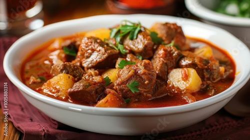 Hungarian goulash with beef chunks potatoes and paprika broth on burgundy backdrop