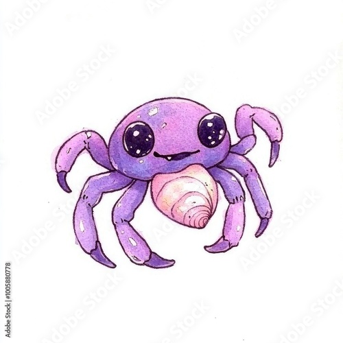 Cute Cartoon Purple Spider with Big Eyes and Shell