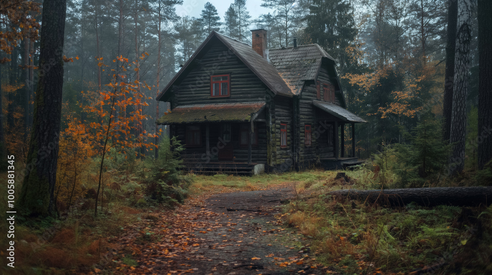 Old wooden cabin in a foggy, autumn forest. The rustic, weathered structure is surrounded by tall trees and fallen leaves, creating a mysterious, eerie atmosphere. Old wooden cabin in a foggy, autumn forest. The rustic, weathered structure is surrounded by tall trees and fallen leaves, creating a mysterious, eerie atmosphere.