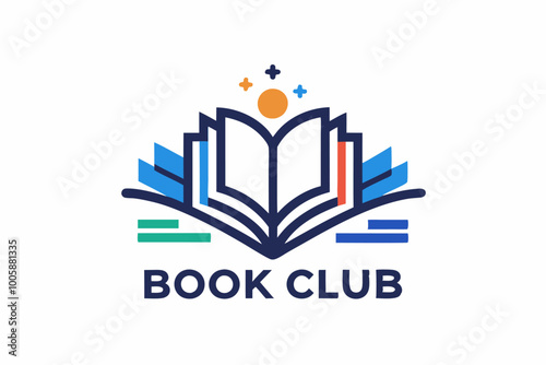 Abstract minimalist book club logo collection featuring open book and colorful elements