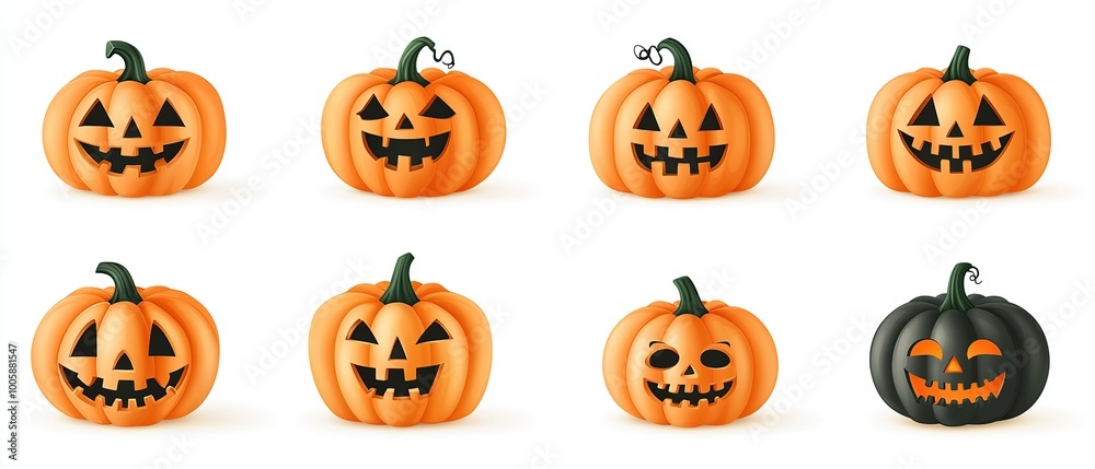Set of 7 realistic jack-o-lantern pumpkins with different expressions, isolated on white background. Set of 7 realistic jack-o-lantern pumpkins with different expressions, isolated on white background.