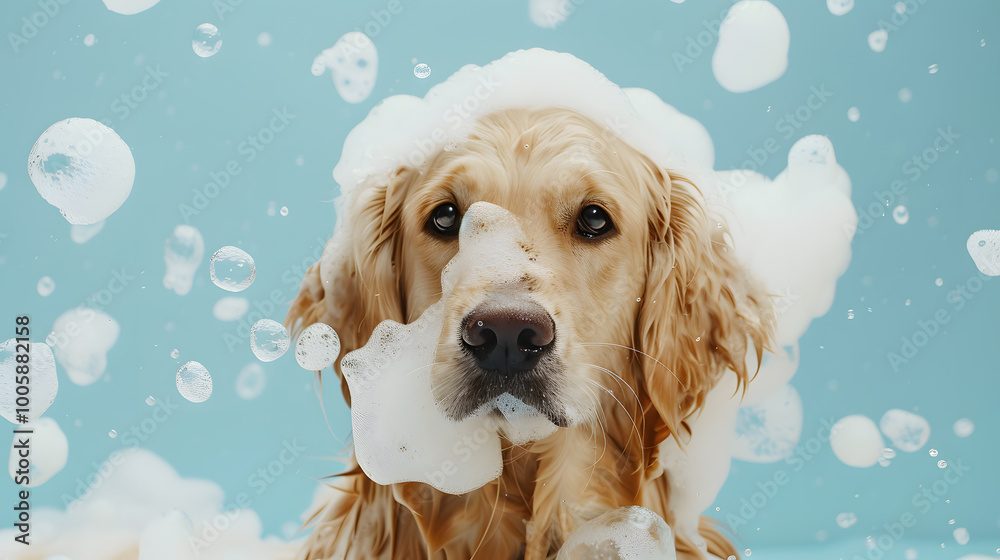 Golden Retriever Dog grooming Enjoying a Bubble Bath on Blue Background Golden Retriever Dog grooming Enjoying a Bubble Bath on Blue Background