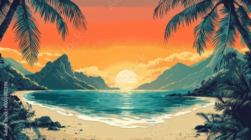 Craft a colorful, retro-style travel poster for a tropical paradise destination