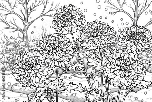 Coloring book illustration of Yellow Chrysanthemums blooming in winter on a snowy background showcasing flowers out of season photo