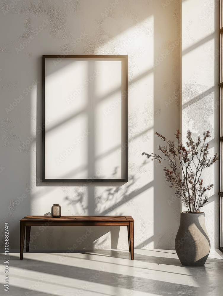 Mockup of a thin, wooden minimalist picture frame in the center, set in a bright, completely empty concrete room.