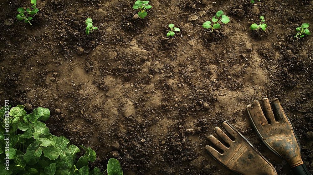 Top view of dark soil with green plants growing on it, two gardening gloves are at the bottom of the frame. Top view of dark soil with green plants growing on it, two gardening gloves are at the bottom of the frame.