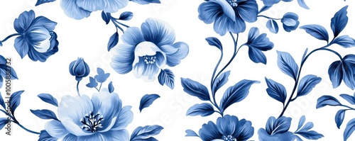 A beautiful blue floral pattern featuring intricate designs on a white background, perfect for textiles or wallpapers.