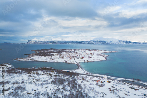 Aerial view of the island of Holdoya, Lofoten archipelago, Norway in winter photo