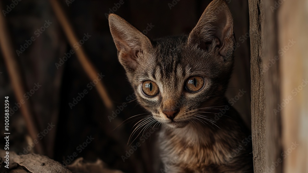 Fototapeta premium Adorable Kitten with Curious Eyes - Close Up Portrait