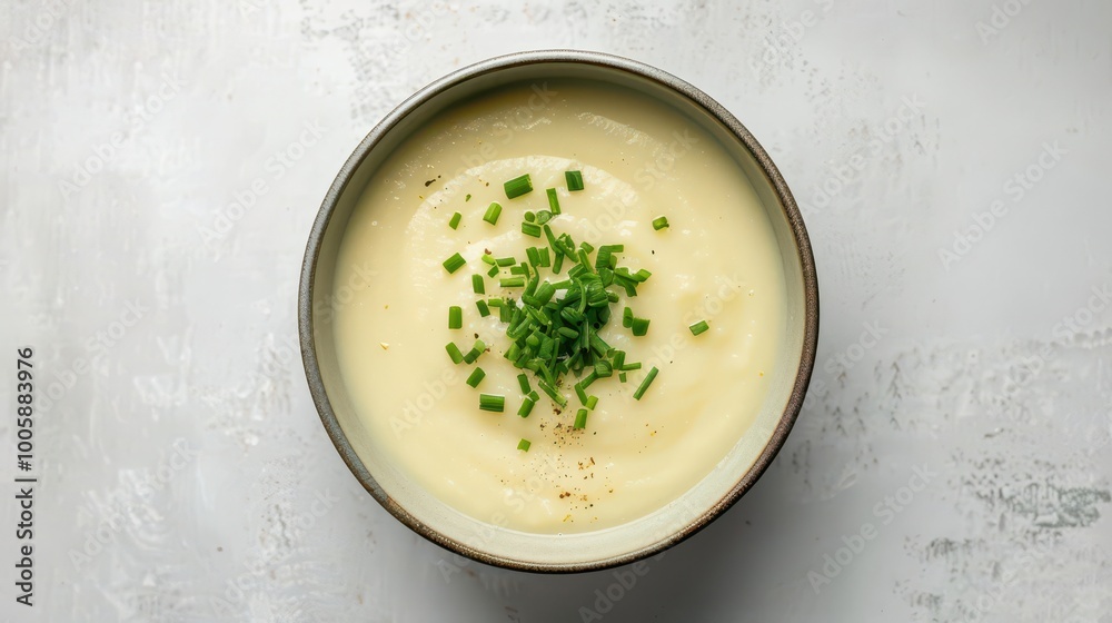 Creamy vichyssoise with potato and leek garnished with chives on gray wallpaper Creamy vichyssoise with potato and leek garnished with chives on gray wallpaper