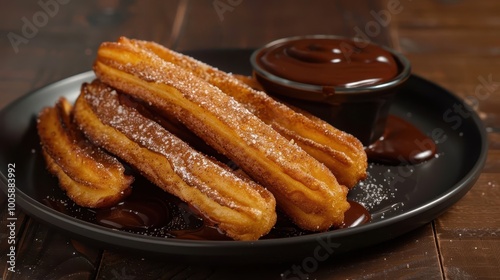 Spanish churros with cinnamon and thick chocolate sauce on dark brown background